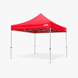A red 3x3m Pro Lite lightweight aluminium commercial gazebo, featuring a peaked roof and a logo.