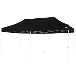 A black folding marquee with a lightweight aluminium frame and a peaked roof, featuring a logo.