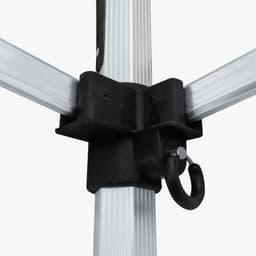 A black plastic connector piece attached to an aluminium pole with a metal hook.