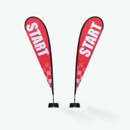 Red teardrop banners with 'START' printed on them, featuring a black stand for stability.