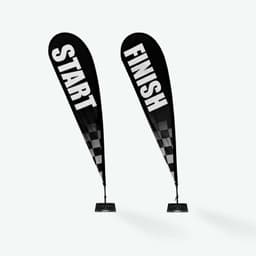 Two black teardrop banner flags featuring "START" and "FINISH" text with a checkered pattern at the base.