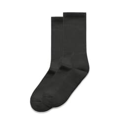 A pair of dark grey socks, featuring a smooth texture and ribbed pattern, presented side by side.