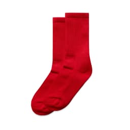 A pair of bright red socks featuring a ribbed texture. The image includes a logo on the product.