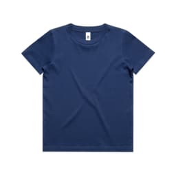 A navy blue kids' staple tee with a classic crew neck design and short sleeves. It has a label inside.