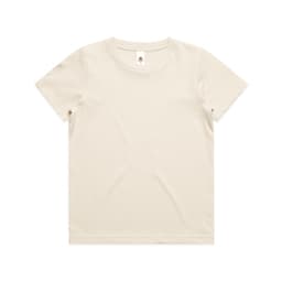 A plain beige kids' t-shirt with a round neck and short sleeves, featuring a brand logo.