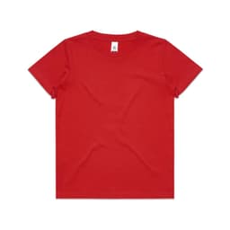 A red kids' T-shirt featuring short sleeves and a classic fit. It has a label inside and includes a branding logo.