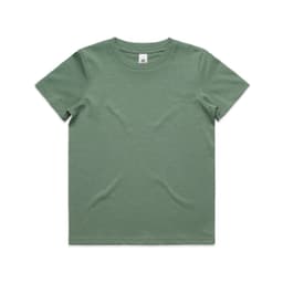 A green kids' staple tee with a classic crew neck design and a label inside the neckline.