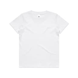 A white kids' staple tee shirt with a simple design and a logo on the label.