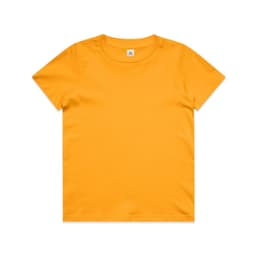 A bright yellow youth t-shirt featuring a classic crew neck design and a tag inside. It has a plain style without patterns.