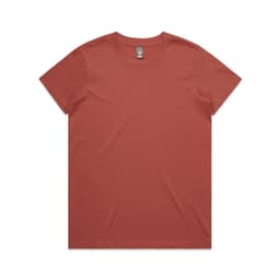 A rust-coloured t-shirt with a round neckline and short sleeves, featuring a logo on the label.
