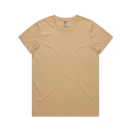 A light brown T-shirt in a classic crew neck style, featuring a logo on the label.