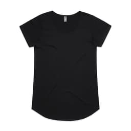 A black t-shirt with short sleeves and a rounded hem, featuring a label at the neckline.