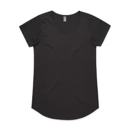 A black T-shirt with a rounded neckline and short sleeves. It features a basic design and has a brand logo.