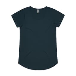 A dark teal women's t-shirt with short sleeves and a rounded hem, featuring a label.