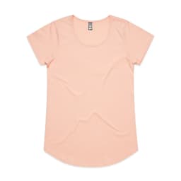 A light peach T-shirt with a scoop neck and short sleeves, featuring a branded label.