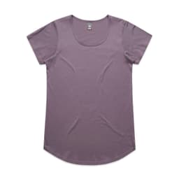 A purple t-shirt with a scoop neck and short sleeves, featuring a branding label.