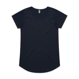 A black women's t-shirt with a round neckline and short sleeves, featuring a logo on the inside label.