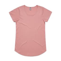 A pink T-shirt with a rounded neckline and short sleeves, featuring a small logo on the label.