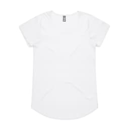 A white t-shirt with short sleeves and a rounded neckline. It features a small logo on the tag.