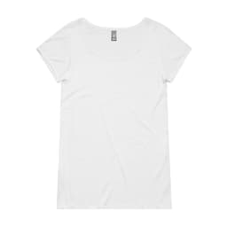 A white T-shirt with a scoop neckline and short sleeves, featuring a logo on the label.