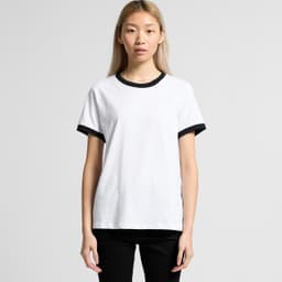 A white T-shirt with black ribbed sleeves and a crew neckline, featuring a logo on the front.