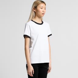 A white t-shirt with black ringer trim, featuring a simple and classic design, displayed on a model.