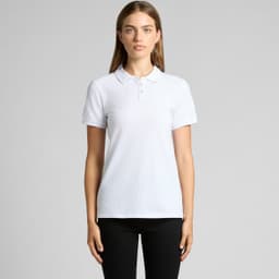 A white polo shirt with a collar and three buttons, displayed on a model against a plain background.
