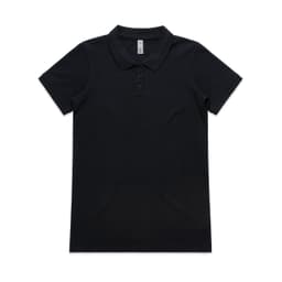 A black polo shirt with a classic collar and three buttons, featuring a logo on the chest.