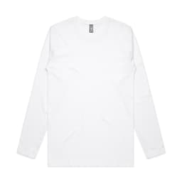 A white long-sleeve t-shirt with a crew neck and a logo on the label.