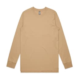 A beige long-sleeved t-shirt with a crew neckline and logo detailing. 
