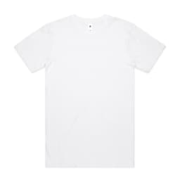 A white t-shirt featuring a plain design and a small logo on the label at the neckline.