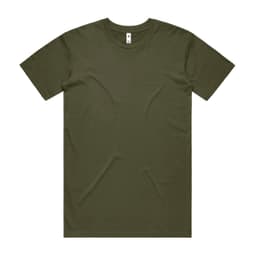 A plain olive green T-shirt with short sleeves, featuring a standard crew neck and a logo on the inside label.