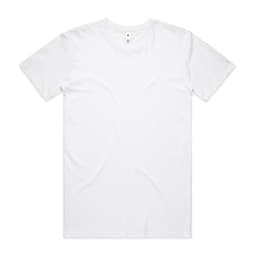 A plain white t-shirt with a round neckline and short sleeves, featuring a logo in the neckline.