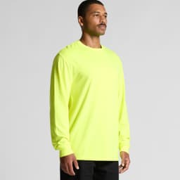 A long-sleeve work t-shirt in bright yellow, featuring a simple design and a logo.