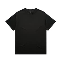 A black heavy tee shirt with a crew neck and short sleeves. The design includes a logo on the label.