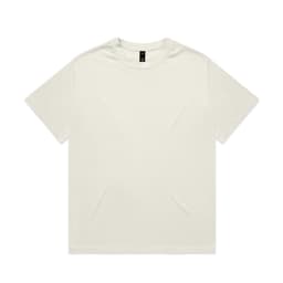 A plain white T-shirt with a round neckline and short sleeves, featuring a small logo on the label.