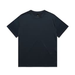 A navy blue heavy T-shirt with a round neckline and short sleeves, featuring a logo on the label.