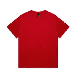 A red heavy tee t-shirt with short sleeves and a brand logo on the label.
