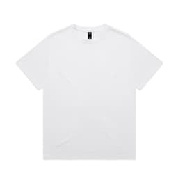 A white T-shirt with a relaxed fit and minimal design, featuring a brand logo on the label.