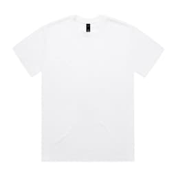 A plain white Heavy Tee t-shirt featuring a simple design and a logo on the label.