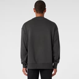 A grey jumper with long sleeves and a relaxed fit, featuring a logo on the back.
