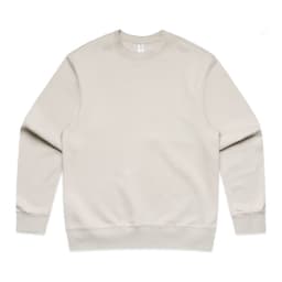 A light beige crew jumper with long sleeves and a round neckline. It features a logo on the front.