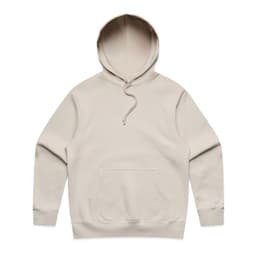 A beige hoodie with a front pocket and a drawstring hood, featuring a logo on the chest area.