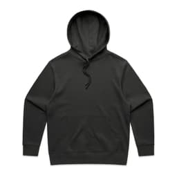 A black hoodie with a spacious front pocket and a drawstring hood. It features a logo on the front.