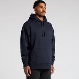 A navy blue hoodie with a front pocket and a large hood appears on a model. It features a logo on the chest.