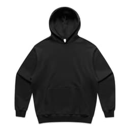 A black hoodie featuring a front pocket and a hood, with a logo present on the design.