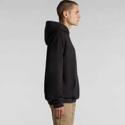 A black hoodie with a loose fit and a front pocket, featuring a hood and long sleeves.