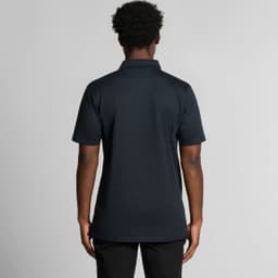A black polo shirt displayed from the back, featuring a collar and short sleeves, with a logo on the side.