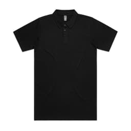 A black polo shirt with a collar and three-button placket, featuring a logo on the chest.