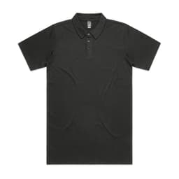 A black polo shirt with a collar and three button placket. The shirt has a logo on it.